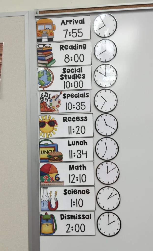 visual schedule hanging on special education classroom wall