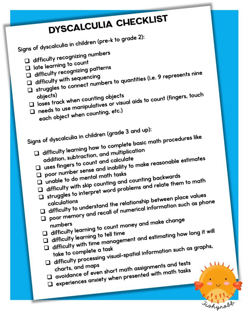 signs of dyscalculia in children checklist