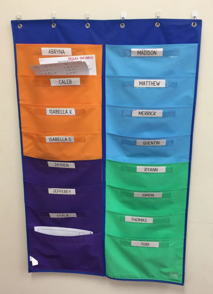 pocket chart holding students' morning work