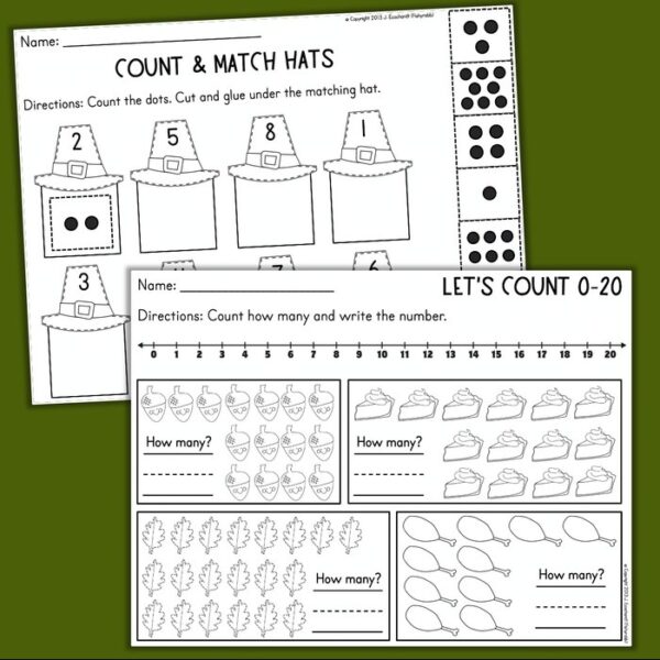 kindergarten thanksgiving worksheets math and reading