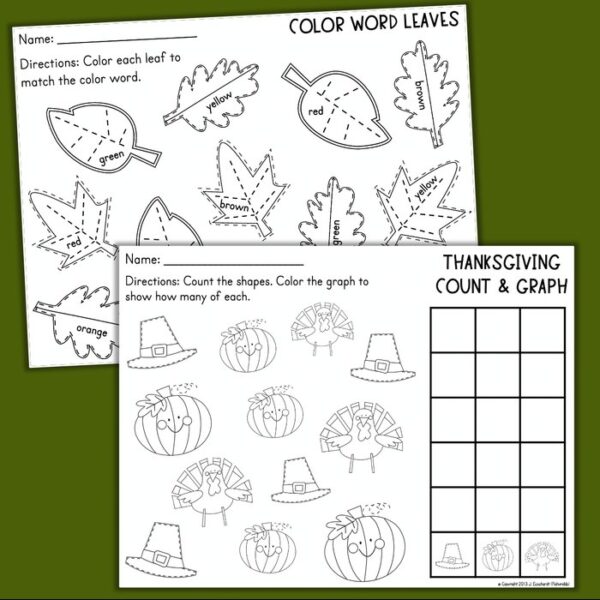 kindergarten thanksgiving worksheets math and reading